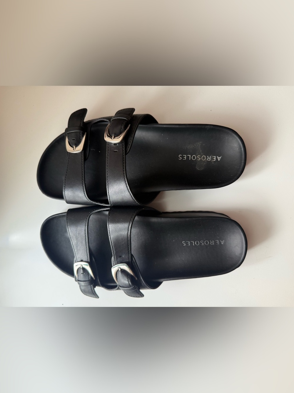AEROSOLES Black Double-Buckle Slide Sandals with Silver Buckles